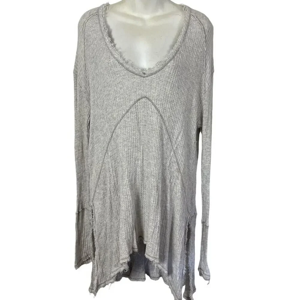 Free People Womens Waffle Knit Longline Knit V-Neck Long Sleeve Top Shirt sz M